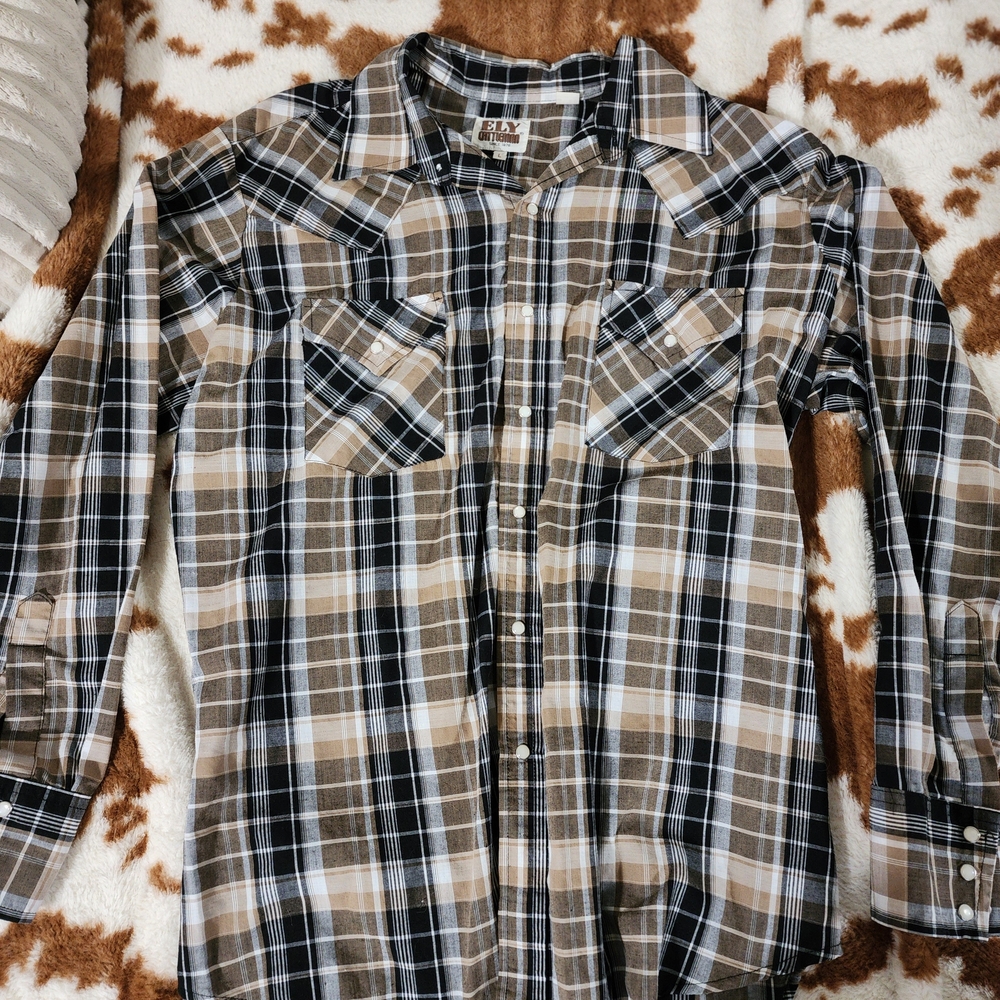 Ely Cattleman Men's Casual Plaid Shirt - Black, White, Tan